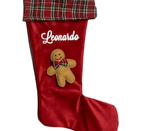 Calza befana personalizzata - Calza in velluto rosso + tartan - Decorazione natalizia - calza di Natale con omino di Pan di Zenzero e nome