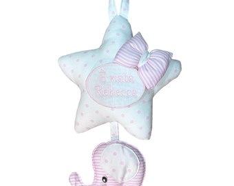 Birth bow for baby girl - White elephant star with polka dots with pink or blue details - Birth rosette for baby girl - Birth bow with name