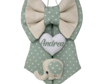 Birth bow in 2 colors milk green and mint with polka dots + cream - Elephant birth rosette theme and personalized name