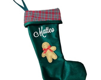 Calze di Natale personalizzate - Calza befana con nome - Calza in velluto verde + tartan -calza di Natale con omino di Pan di Zenzero e nome