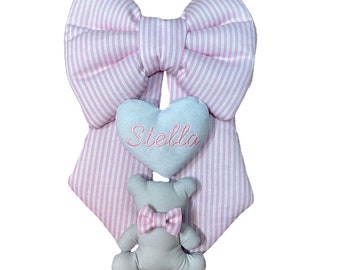 Birth bow for girl or boy with double lines with teddy bear - Birth rosette with personalized name - Pink blue birth bow with teddy bear