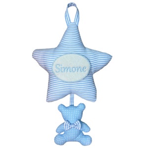 Blue and pink birth bow in the shape of a star with a hanging teddy bear - Birth cockade with personalized name - Baby boy and girl birth bow