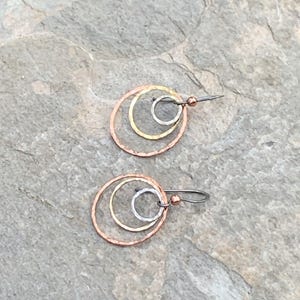 Mixed metal hoop earrings, copper brass silver hoops
