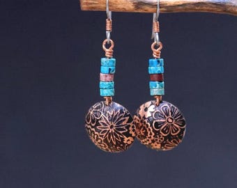 Copper disc dangles with flowers and imperial jasper, boho earrings, rustic nature themed