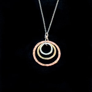 Mixed metal circle necklace, copper brass silver hoop necklace