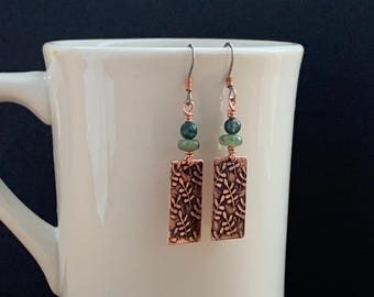 Copper Leaf Nature inspired Earrings: Jasper Accent Beads and  Hypoallergenic Niobium Ear Wires
