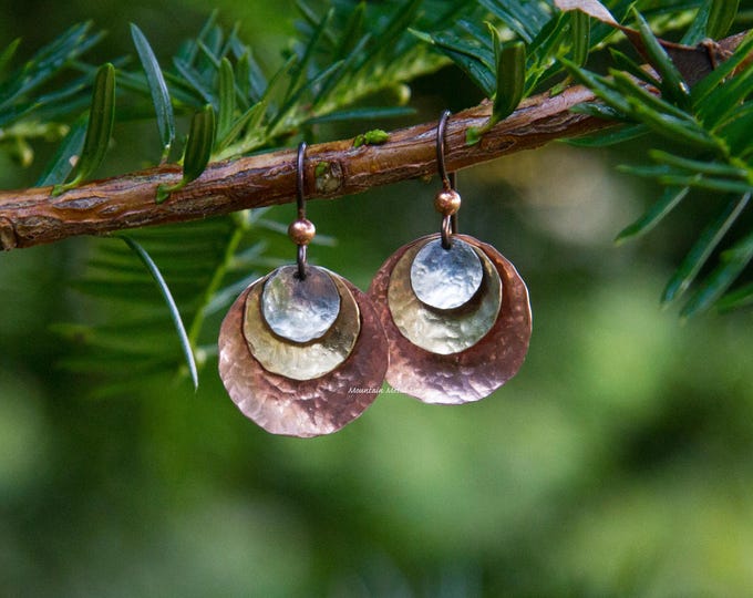 Hammered Mixed Metal Earrings: Copper, Brass & Silver Boho Jewelry