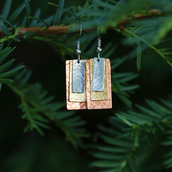 Mixed Metal Earrings, Copper brass silver dangles