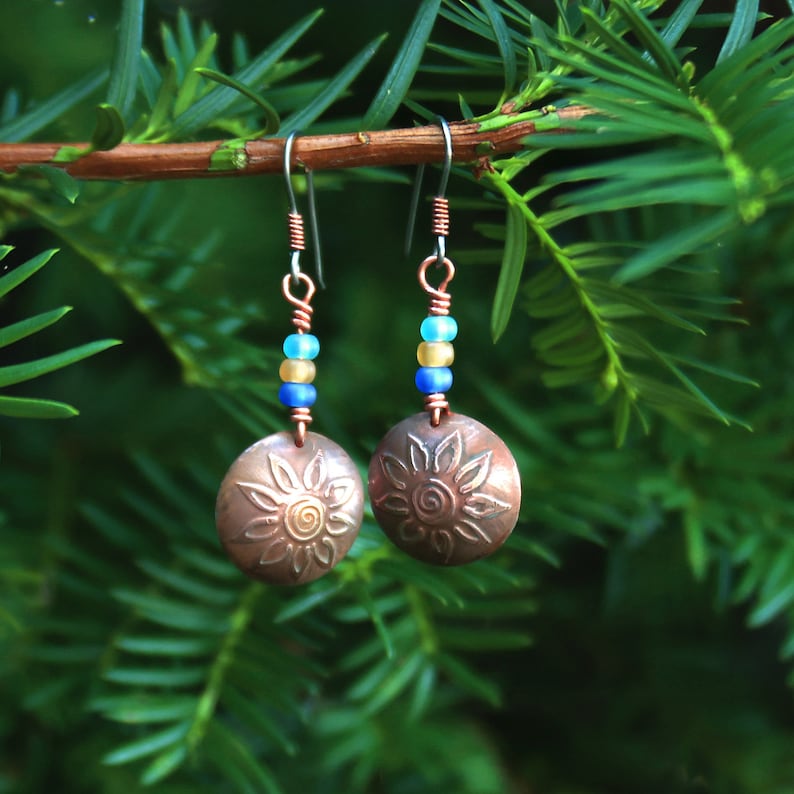Sun and Glass Bead Earrings, Boho Style, Sun Earrings, Copper Jewelry Etsy