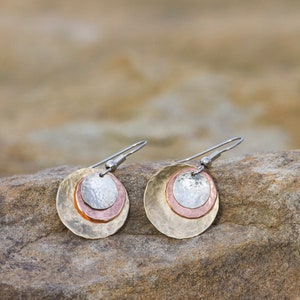 mixed metal hammered disc earrings, brass, copper and silver jewelry