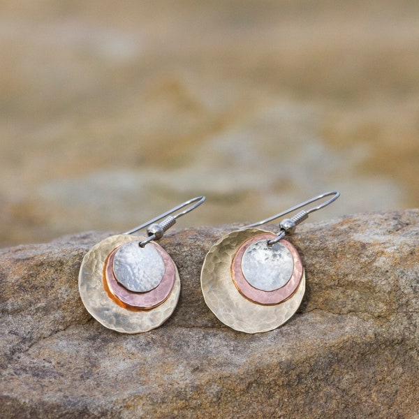 mixed metal hammered disc earrings, brass, copper and silver jewelry