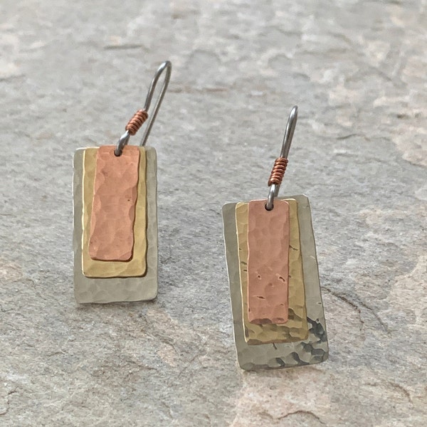 Mixed metal earrings, silver brass copper