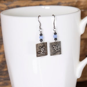 skiing earrings, ski jewelry, skier dangle earrings