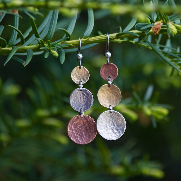 mixed metal earrings,copper brass silver jewelry, boho dangle earrings,