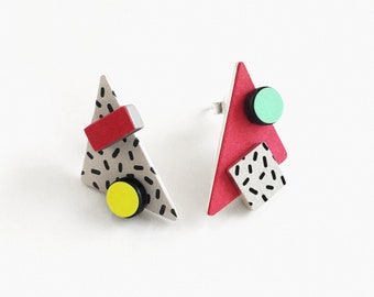 Mismatched earrings | Triangle pop earrings | Asymmetrical abstract art earrings | Mix and match geometric studs | Memphis earrings