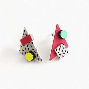 Mismatched earrings Triangle pop earrings Asymmetrical abstract art earrings Mix and match geometric studs Memphis earrings image 1