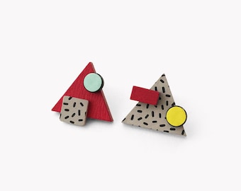 Asymmetric memphis earrings | Mix and match triangle earrings | Abstract art earrings |  Mismatch geometric studs