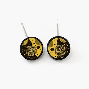 Yellow and black modernist earrings. Wooden abstract earrings with sterling silver bars. Large disc stylish earrings.