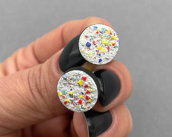 Round artsy studs. White with color splatter wooden stud earrings. Hand painted whimsical studs. Abstract art earrings.