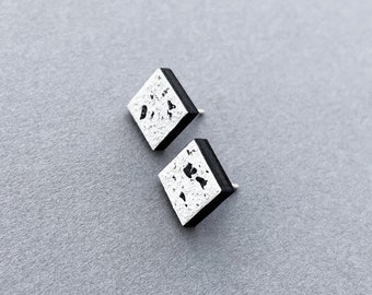 Small square black and white textured stud earrings. Hand painted wooden studs. Men abstract art geometric studs.