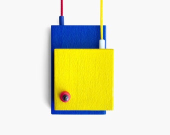 Geometric necklace in blue and yellow | Abstract art wooden pendant | Bauhaus style statement necklace