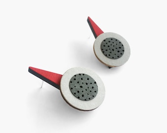 Red and gray bauhaus earrings. Modernist geometric wooden earrings with sterling silver studs. Lightweight statement earrings.