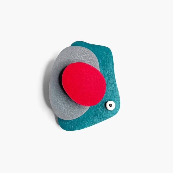 Hand painted abstract brooch | Turquoise and red geometric statement brooch | Artsy bauhaus pin | Modern wooden brooch