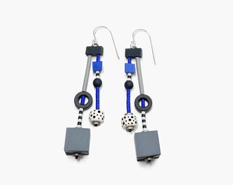 Cobalt blue and gray dangle earrings in Memphis milano style | Miyuki beaded abstract art earrings | Long colorful fairytale earrings