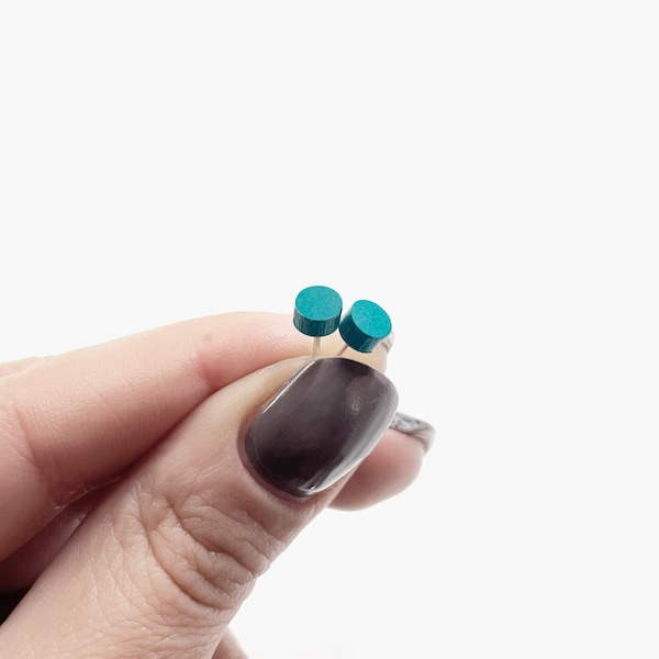 Small teal simple stud earrings. Round colorful earrings with sterling silver studs.