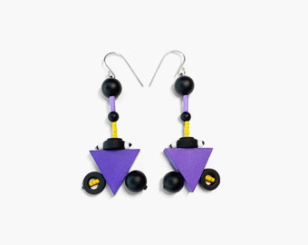 Purple, yellow and black geometric statement earrings. Triangle colorful handpainted 80s earrings.