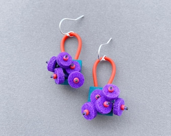 Purple and turquoise floral earrings. Colorful artsy abstract art aesthetic earrings in fairytale style.