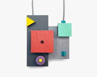 Chunky modern geometric statement necklace  | Multicolor Avant garde wooden pendant | Impressive Bauhaus jewelry