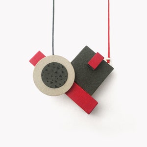 Red geometric necklace | Abstract art wooden pendant | Geometric statement necklace | Bauhaus necklace