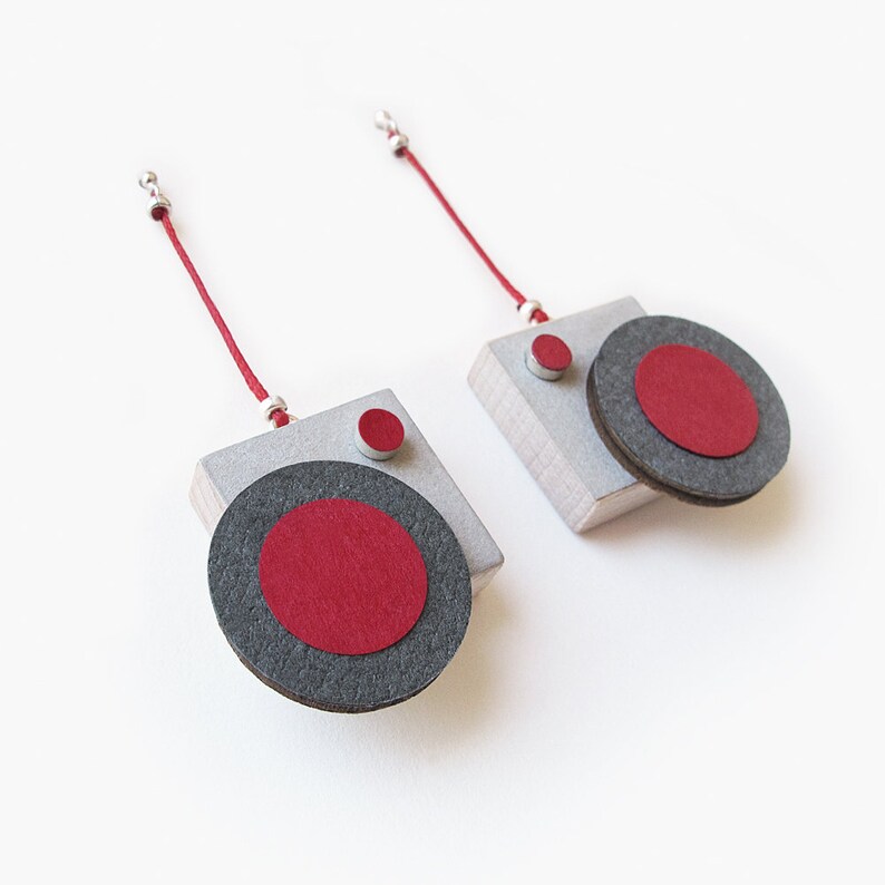 Wooden geometric red party earrings Perfect for Xmas earrings. Unique abstract modern art earrings