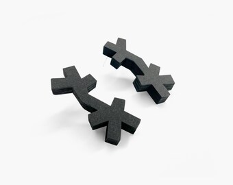 Geometric cross earrings in black. Abstract art chunky wooden stud earrings. Tree branch goth studs.