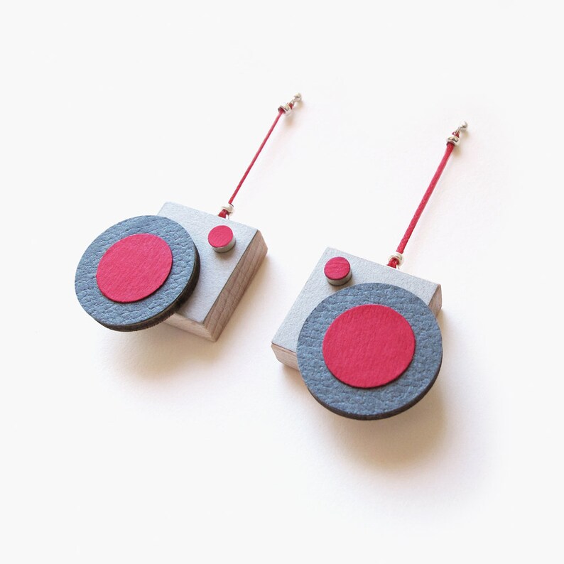 Wooden geometric red party earrings Perfect for Xmas earrings. Unique abstract modern art earrings