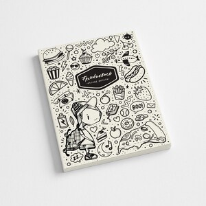 May include: A cream-colored notebook with a black and white doodle design. The cover features a cartoon illustration of a person with a backpack, surrounded by food and other objects. The text "FREUNDEBUCH" is displayed in a black banner.