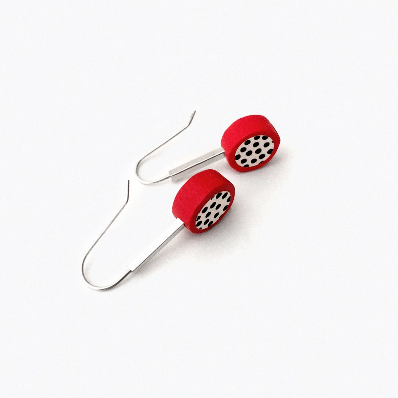 Red and black polka dot geometric earrings. Modernist stylish sterling silver wood dangle earrings. Pop retro earrings. image 6