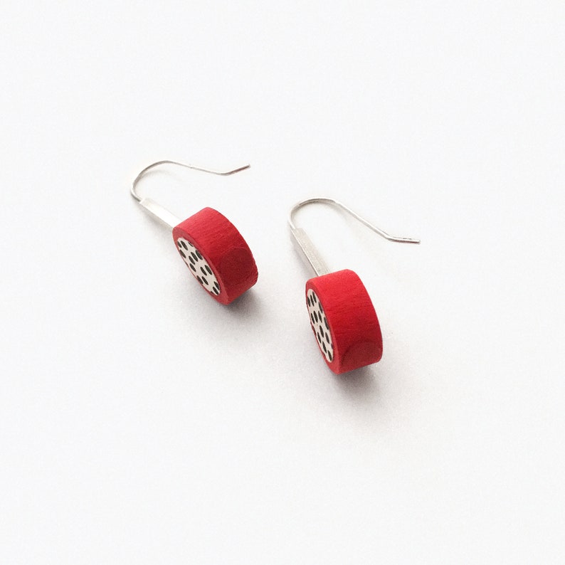 Red and black polka dot geometric earrings. Modernist stylish sterling silver wood dangle earrings. Pop retro earrings. image 5