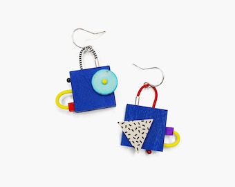 Large Memphis Milano inspired mismatched dangle earrings | Pop art 80s colorful funky earrings | Asymmetric wooden blue abstract earrings