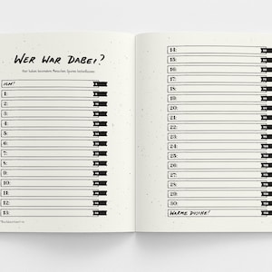 May include: Open notebook with lined pages for journaling. The left page has the title "WER WAR DABEI?" and numbered lines. The right page continues the numbered lines. The text "WARME DUSCHE!" is at the bottom of the right page.