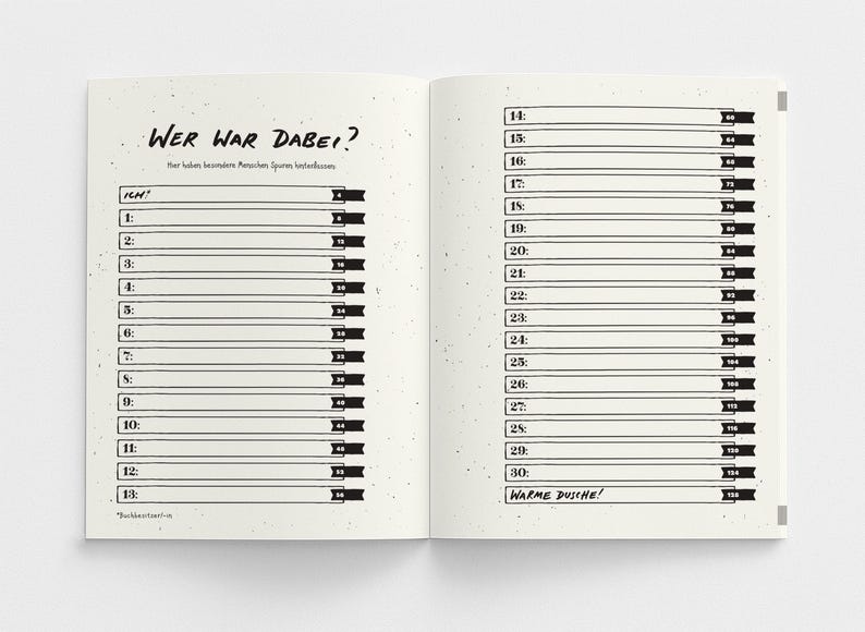 May include: Open notebook with lined pages for journaling. The left page has the title "WER WAR DABEI?" and numbered lines. The right page continues the numbered lines. The text "WARME DUSCHE!" is at the bottom of the right page.