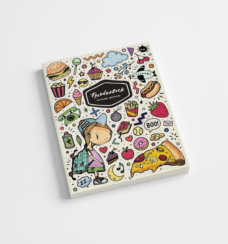 May include: A notebook with a cream-colored cover, featuring a whimsical illustration of a girl with a backpack, surrounded by doodles of food, a plane, and the text "FREUNDEBCH". The notebook is filled with colorful drawings.