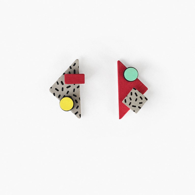 Mismatched earrings Triangle pop earrings Asymmetrical abstract art earrings Mix and match geometric studs Memphis earrings image 7