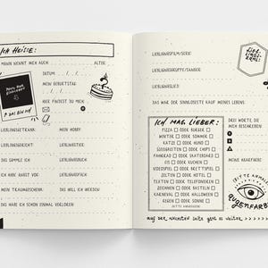 May include: Open notebook with handwritten German text and illustrations. The left page has fill-in-the-blank prompts like "I am called" and "My favorite drink." The right page includes "I like" options and a section for favorite things.