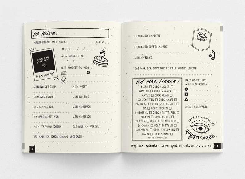 May include: Open notebook with handwritten German text and illustrations. The left page has fill-in-the-blank prompts like "I am called" and "My favorite drink." The right page includes "I like" options and a section for favorite things.