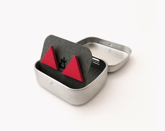 Red triangle wooden stud earrings | Sterling silver studs