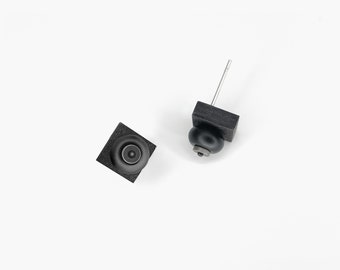 Black onyx stud earrings. Small rhombus studs. Matte wooden geometric earrings.