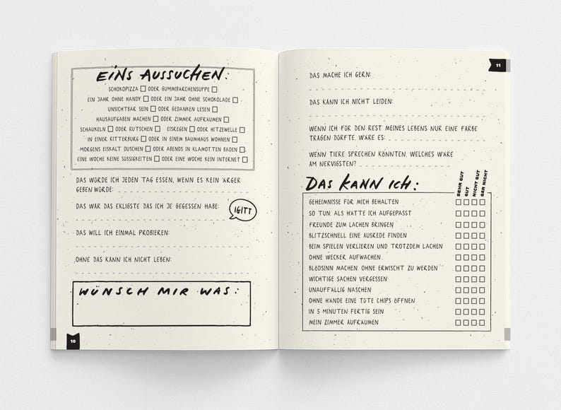 May include: Open notebook with handwritten German text. The left page has a list of options, the right page has fill-in-the-blank prompts. The notebook is open on a white surface.