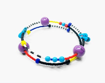 Funky multicolor miyuki beaded bracelet with light blue and purple howlite. Memphis Milano inspired design. Bright memory wire bracelet.